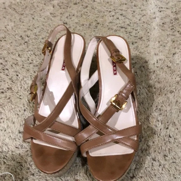PRADA tan leather sandals, worn twice, 3-4” wedge heel - Picture 1 of 4